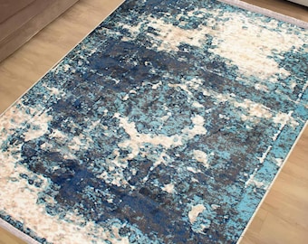 Modern Green Blue Geometric Area Turkish Rug Runner, Nordic Abstract Anti-Slip Carpet, Unique Room Mat Decor, Chenille Washable Rug