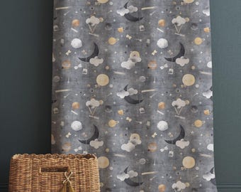 Gray Nordic Moon Clouds Kids Nursery Curtains, Custom Size Window Drapes & Gift Pillow Covers for Baby Room Decor