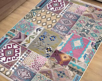 Blue Patchwork Anatolian Area Rug|Ethnic Print Turkish Rug|Vintage Carpet|Washable Living Room Rug|Ottoman Court Carpet|Traditional Decor