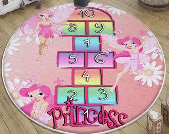Pink Round Hopscotch Kids Room Rug with Pillowcase, Cute Fairy Play Mat for Girls, Kids Room Decor & Gift