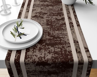 Table Runner Dark Brown Watercolor Geometric Pattern with Cream Border Lines – Traditional Dining Room Decor Textile Accent for Home Table