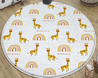 Safari Animal Giraffe Nursery Rug with Rainbow & Pillow Case, Cute Kids Room Decor, Baby Shower Gift, Soft Round Play Mat for Toddlers