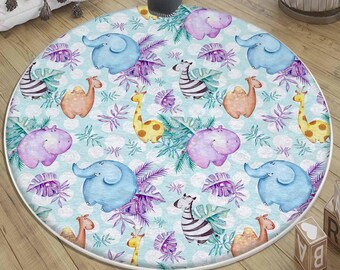Round Safari Animal Nursery Rug with Giraffe, Zebra  Elephant - Baby Shower Gift, Kids Room Decor with Pillowcase