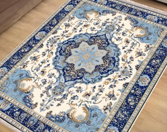 Blue Anatolian Classic Area Rug|Ethnic Oriental Turkish Rug|Vintage Carpet|Chenille Washable Rug |Ottoman Court Carpet|Turkish Kilim Rug