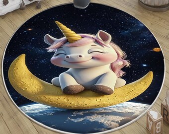 Moon Star Unicorn Round Rug for Kids Room, Cute Girl Nursery Decor with Pillowcase Gift, Baby Playroom Carpet, Child’s Cozy Floor Mat