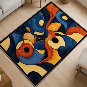 Modern Abstract Colorful Rug - Washable Chenille Carpet with Non-Slip Recycled Cotton Backing for Artistic and Contemporary Home Decor