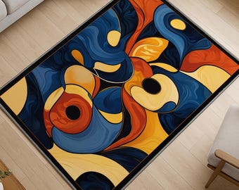 Modern Abstract Colorful Rug - Washable Chenille Carpet with Non-Slip Recycled Cotton Backing for Artistic and Contemporary Home Decor