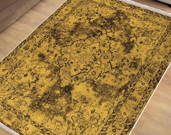 Yellow Southwestern Classic Area Rug|Ethnic Print Turkish Rug|Vintage Carpet|Washable Living Room Rug|Ottoman Court Carpet|Traditional Decor