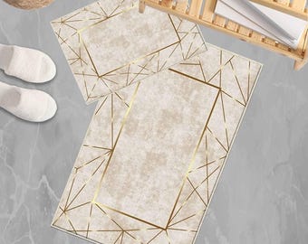 Gold Border Cream Bathroom Rug - Geometric Non Slip Bath Mat, Quick Dry Washable Toilet Mat, Soft Modern Bath Decor