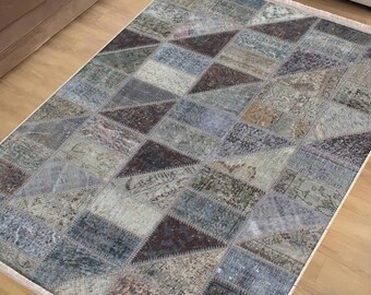 Gray Geometric Kilim Area Rug Runner, Boho Anti-Slip Carpet with Turkish Patchwork Design & with Pillow Case Gift, Chenille Washable Rug