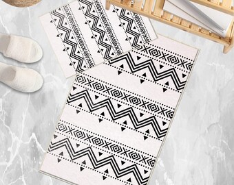 Black White Aztec Tribal Boho Geometric Bathroom Rug, Non Slip Quick Dry Bath Mat, Washable Soft Modern Toilet Mat