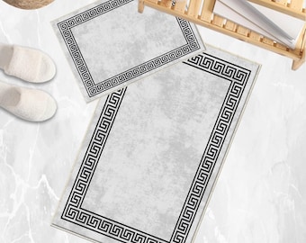Greek Key Bathroom Rug, Gray Black White Non Slip Bath Mat, Quick Dry Washable Geometric Modern Toilet Mat Decor