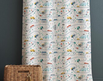 Car City Road Map Nursery Curtains - Custom Size Kids Room Drapes & Pillow Covers, Toddler Room Decor, City Road Theme Gift