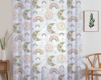 Moon Rainbow Sheer Curtain for Kids Room, Lightweight Boho Floral Nursery Net Voile, Baby Room Window Drapes