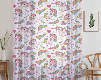 Sheer Unicorn Curtain for Girls Kids Room - Colorful Rainbow Floral Nursery Net Voile, Lightweight Machine Washable - Matching Accessories
