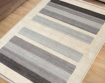 Cream Gray Geometric Area Rug Runner, Modern Nordic Anti-Slip Carpet, Unique Accent Room Mat, Chenille Washable Rug, Housewarming Gift