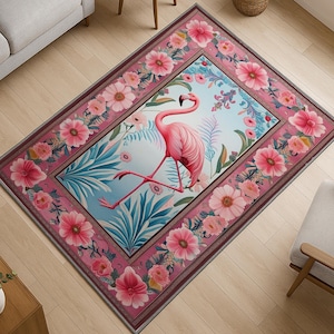 Flamingo Patio Rug with Persian Border, Pink Bird Animal Art Deco Carpet, Unique Maximalist Living Room Entry Decor, Washable Chenille Rugs