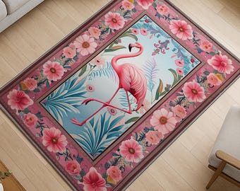 Flamingo Patio Rug with Persian Border, Pink Bird Animal Art Deco Carpet, Unique Maximalist Living Room Entry Decor, Washable Chenille Rugs