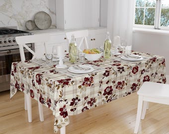 Burgundy Floral Flowers Retro Botanical Tablecloth, Modern Dining Accent Table Cover, Modern Kitchen Home Decor