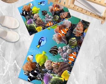 Colorful Tropical Fishes Bathroom Rug - Under Sea Non Slip Bath Mat, Quick Dry Washable Toilet Mat, Soft Modern Bathroom Decor
