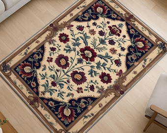 Vintage Floral Rug - Washable Chenille Carpet with Oriental Frame Border - Elegant Victorian Style for Living Room or Bedroom