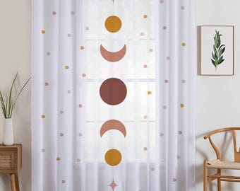 Boho Moons Sheer Curtain for Kids Room, Lightweight Polka Dots Nursery Net Voile, Kids Room Window Drapes, Machine Washable