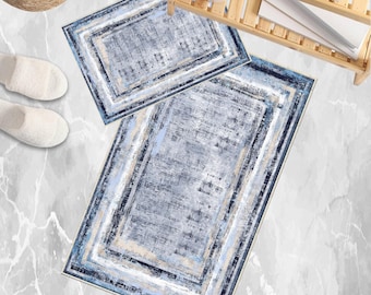 Blue White Retro Bathroom Rug, Geometric Non-Slip Quick Dry Bath Mat, Soft Washable Toilet Mat with Antiquing Border, Modern Decor