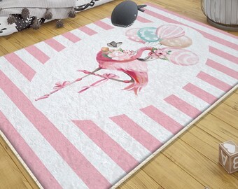Pink Flamingo Girl Baby Nursery Rug with Ballerina Design & Pillow Case, Cute Kids Room Decor Gift for Toddler Girls