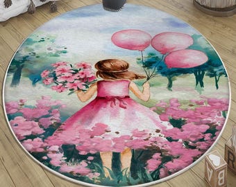 Round Pink Floral Girls Rug with Pillowcase - Woodland Child Room Decor, Cute Gift for Kids Bedroom