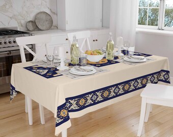 Ethnic Authentic Retro Ottoman Turkish Kilim Tradional Figures Border Cream Background Pattern Tablecloth, Modern Dining Accent Table Cover