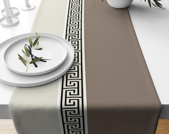 Table Runner Cream Brown Greek Key Pattern Modern Traditional Dining Room Decor Textile Accent, Farmhouse Decor