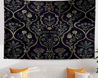 Floral French Wall Tapestry Dark botanical Verdure Eclectic textile Wall Decor Medieval Tapestry dark academia decor Flower tapestry vintage