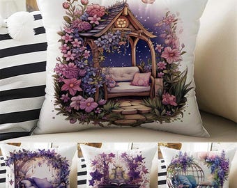 Purple Flowers Farmhouse Pillow Cases, Both Sides Printed Cozy Cottagecore Accent Cushion Cover, Floral Spun Pillow, Housewarming Gift