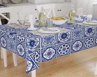 Art Deco Accent Tablecloth Blue White Ottoman Turkish Ethnic Pattern Modern Linen Table Cover, Rectangle tablecloth, Housewarming gift