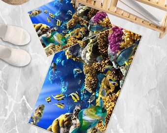 Under Sea Fishes Bathroom Rug - Tropical Aquarium Non Slip Bath Mat, Quick Dry Washable Toilet Mat, Soft Modern Bathroom Decor