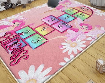 Pink Fairy Hopscotch Rug for Girls Kids Room Decor with Pillowcase Gift – Cute Playroom Mat, Kids Room Gift Idea