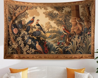 Medieval Tapestry Garden of Birds Wall Hanging Vintage French Garden Floral Woven Antique Tapestry French Country Decor European Tapestry