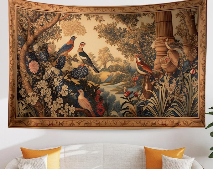 Featured listing image: Medieval Tapestry Garden of Birds Wall Hanging Vintage French Garden Floral Woven Antique Tapestry French Country Decor European Tapestry