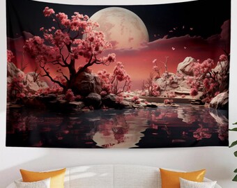 Japanese Art Landscape Tapestry - Nature Wall Hanging with Moon, Mountain & Forest, Living Room Decor for Cozy Spaces