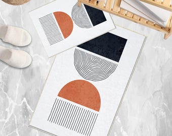 White Black Orange Minimal Geometric Bathroom Rug, Non Slip Quick Dry Bath Mat, Washable Soft Modern Toilet Mat