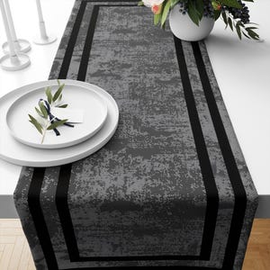 Table Runner Dark Gray Watercolor Geometric Design with Black Border, Traditional Dining Room Decor, Textile Accent for Home Tables