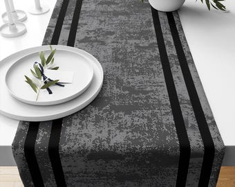 Table Runner Dark Gray Watercolor Geometric Design with Black Border, Traditional Dining Room Decor, Textile Accent for Home Tables