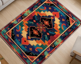 Colorful Southwestern Tribal Rug - Washable Chenille Carpet with Non-Slip Recycled Cotton Backing for Boho and Rustic Home Decor
