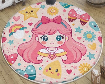 Round Colorful Girl Nursery Rug with Pillow Case Gift, Cute Kids Room Playmat, Baby & Toddler Nursery Decor