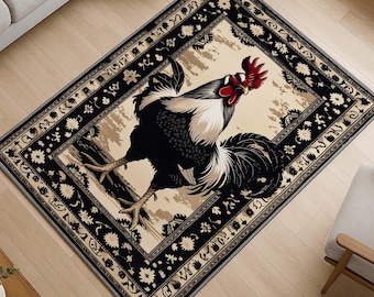 Vintage Kitchen Rooster Rug - Washable Chenille Carpet with Oriental Border - Rustic Farmhouse Decor with Non-Slip Backing
