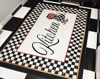 Checkered Rug, Non-Slip Kitchen Runner Rug, Washable Modern Design Floor Mat Home Decor Kitchen Carpet