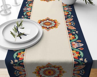 Table Runner Vintage Turkish Ottoman Floral Blue Orange Cream Ethnic Dining Room Decor Accent Textile Home Decoration, Farmhouse Decor