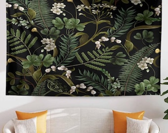 Green Botanical Tapestry Wall Hanging, Wild Woodland Flower Floral Home Decor, Cozy Fall Living Room Decor, Bedroom Nature Wall Accent