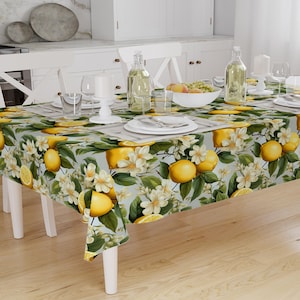Lemon Tablecloth with Green Leaves Floral Fruits Summer Pattern, Modern Dining Accent Cover, Bright Kitchen Decor