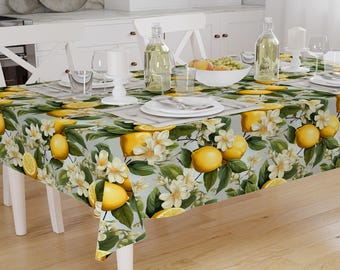 Lemon Tablecloth with Green Leaves Floral Fruits Summer Pattern, Modern Dining Accent Cover, Bright Kitchen Decor